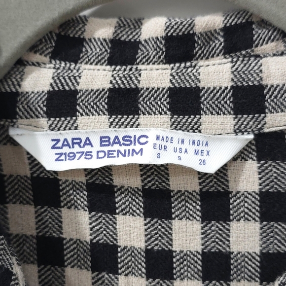 ZARA Black White Gingham Flannel Button Front, Floral Embroidery, High Low Tunic - Picture 8 of 16